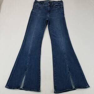 American Eagle Jeans Womens 8 Blue Festival Flare Retro Hippie Split Hem Y2K